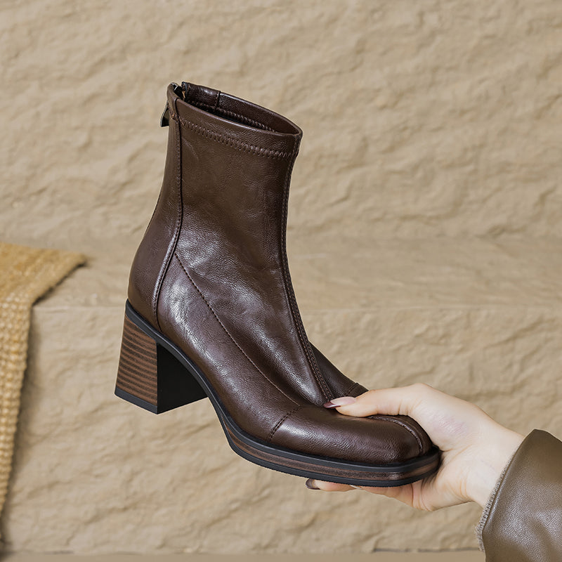Women's Stretch Leather Sock Boots Fall Winter Square Toe Chunky High Heel Boots