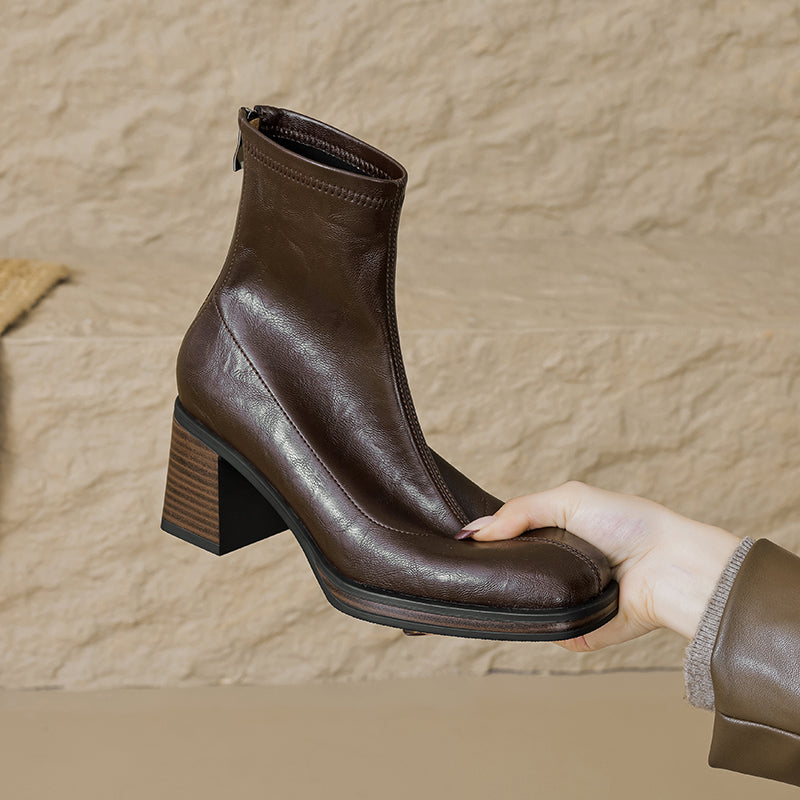 Women's Stretch Leather Sock Ankle Boots Square Toe Block High Heel Sock Booties Zipper