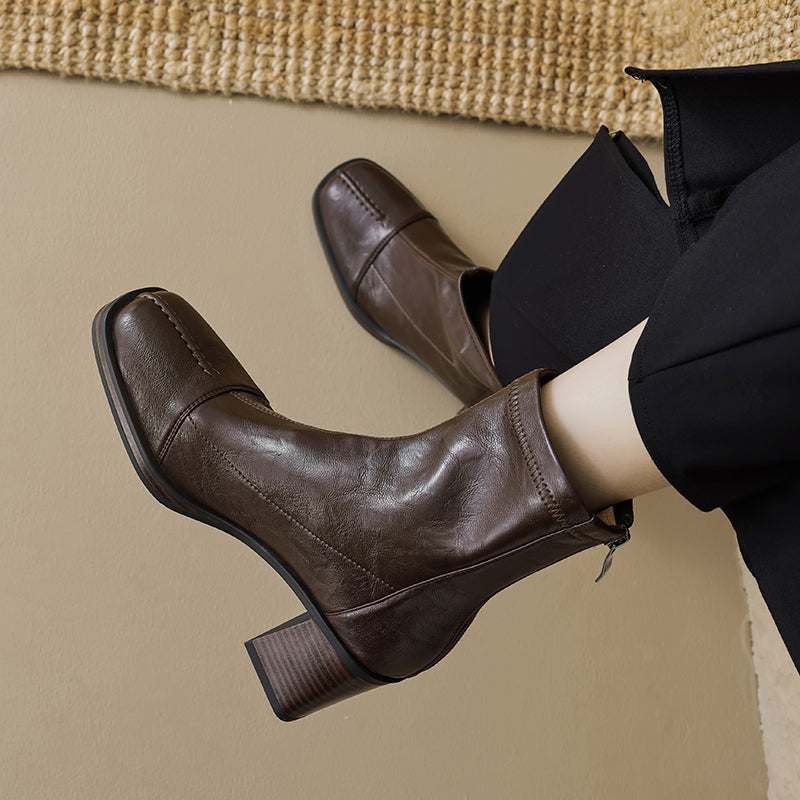 Women's Stretch Leather Sock Boots Fall Winter Square Toe Chunky High Heel Boots