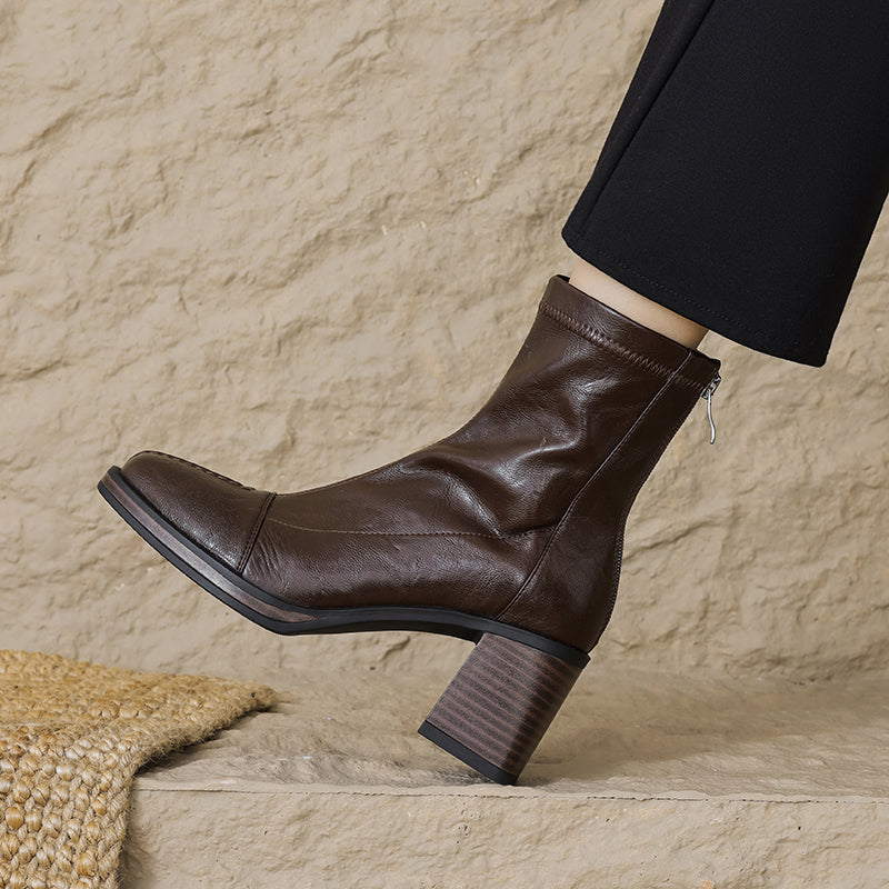 Women's Stretch Leather Sock Boots Fall Winter Square Toe Chunky High Heel Boots
