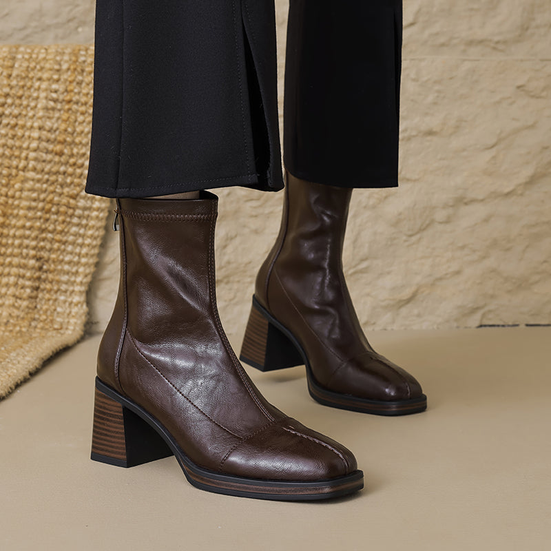 Women's Stretch Leather Sock Boots Fall Winter Square Toe Chunky High Heel Boots