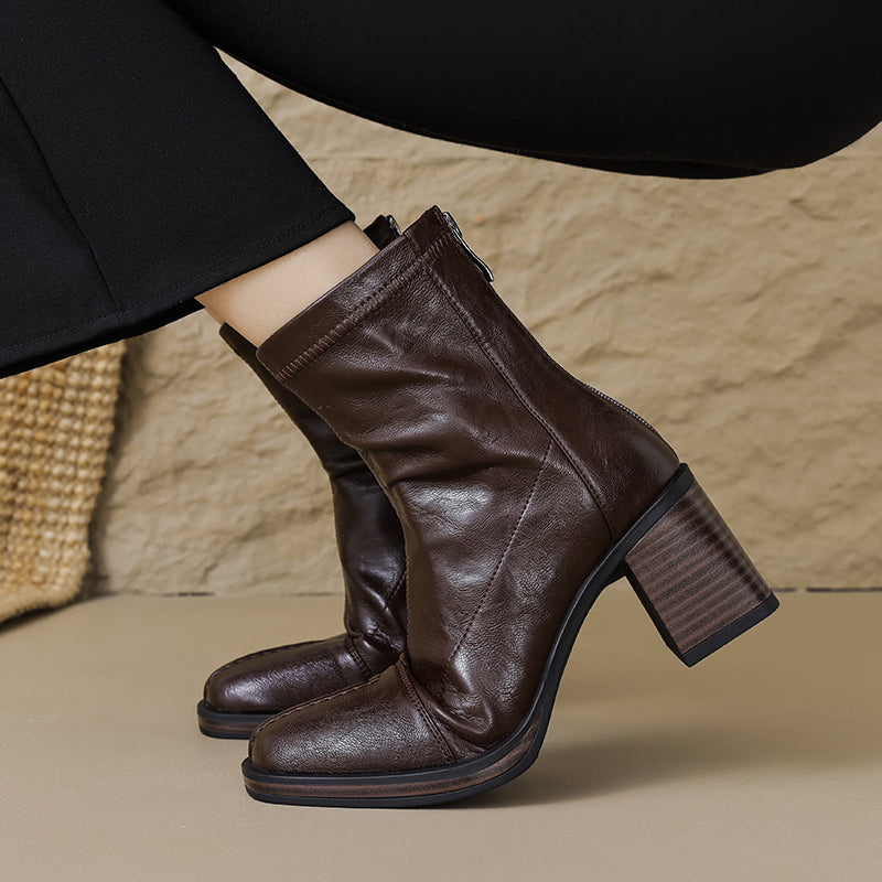 Women's Stretch Leather Sock Boots Fall Winter Square Toe Chunky High Heel Boots