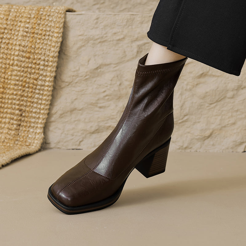 Women's Stretch Leather Sock Ankle Boots Square Toe Block High Heel Sock Booties Zipper