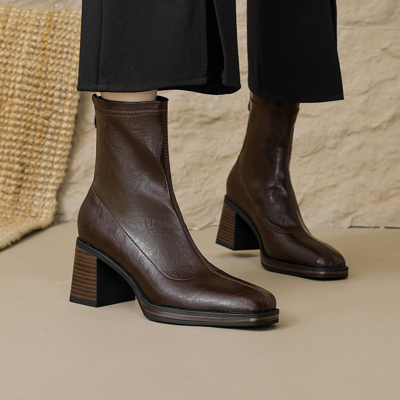 Women's Stretch Leather Sock Ankle Boots Square Toe Block High Heel Sock Booties Zipper
