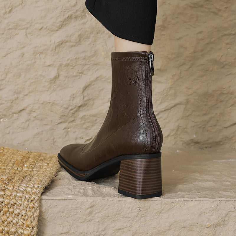 Women's Stretch Leather Sock Ankle Boots Square Toe Block High Heel Sock Booties Zipper
