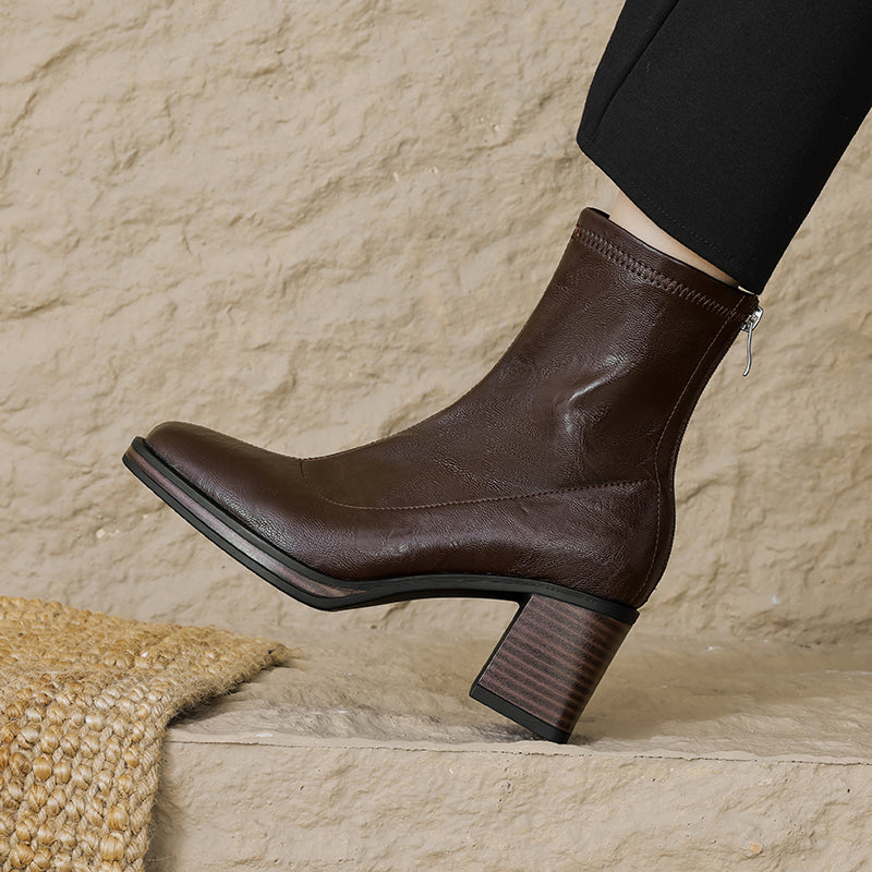 Women's Stretch Leather Sock Ankle Boots Square Toe Block High Heel Sock Booties Zipper