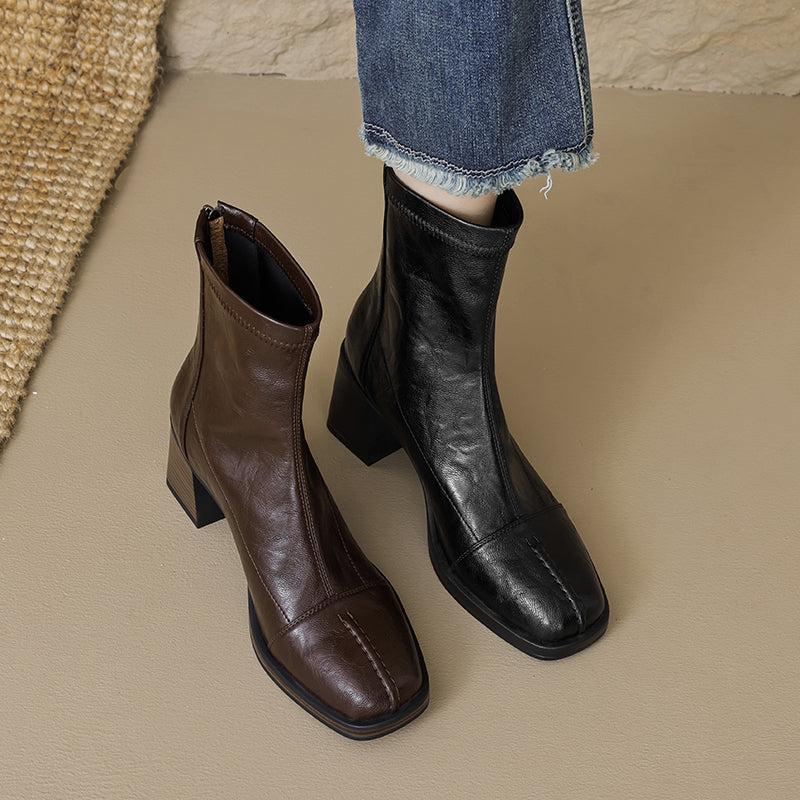 Women's Stretch Leather Sock Boots Fall Winter Square Toe Chunky High Heel Boots