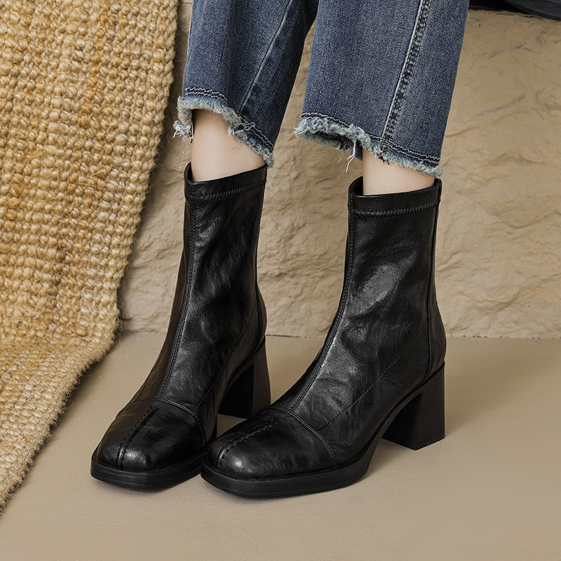 Women's Stretch Leather Sock Boots Fall Winter Square Toe Chunky High Heel Boots