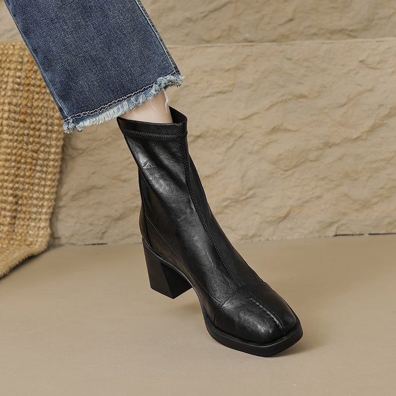 Women's Stretch Leather Sock Boots Fall Winter Square Toe Chunky High Heel Boots