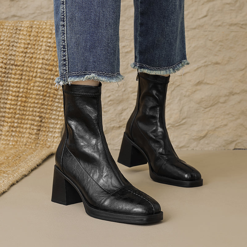 Women's Stretch Leather Sock Boots Fall Winter Square Toe Chunky High Heel Boots