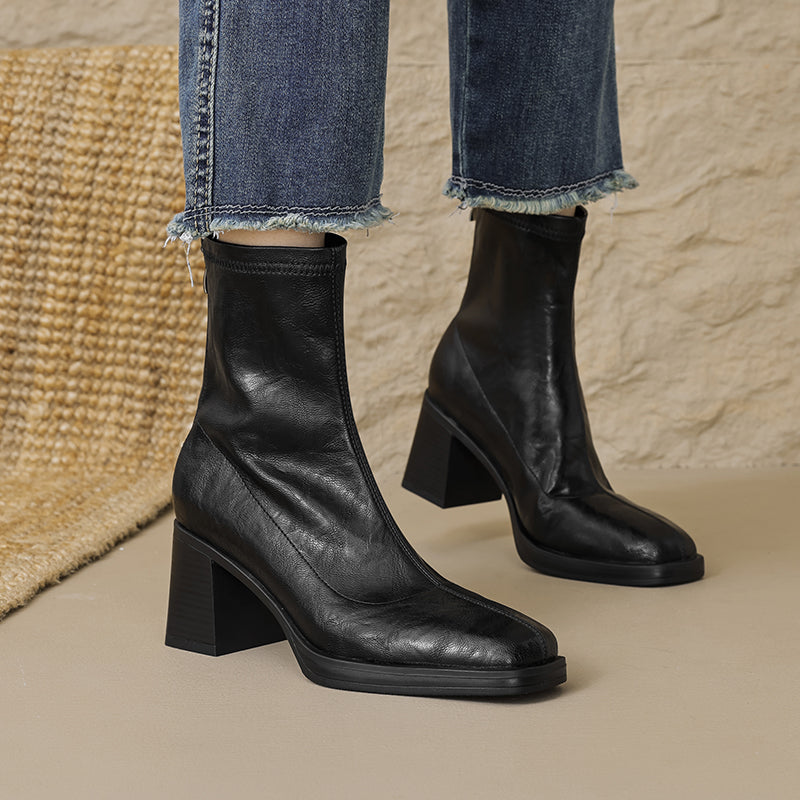 Women's Stretch Leather Sock Ankle Boots Square Toe Block High Heel Sock Booties Zipper