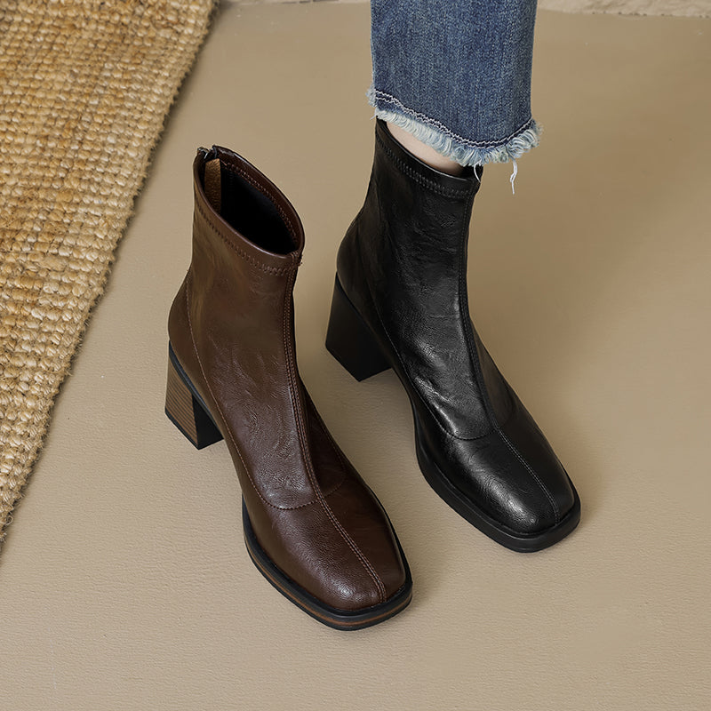 Women's Stretch Leather Sock Ankle Boots Square Toe Block High Heel Sock Booties Zipper