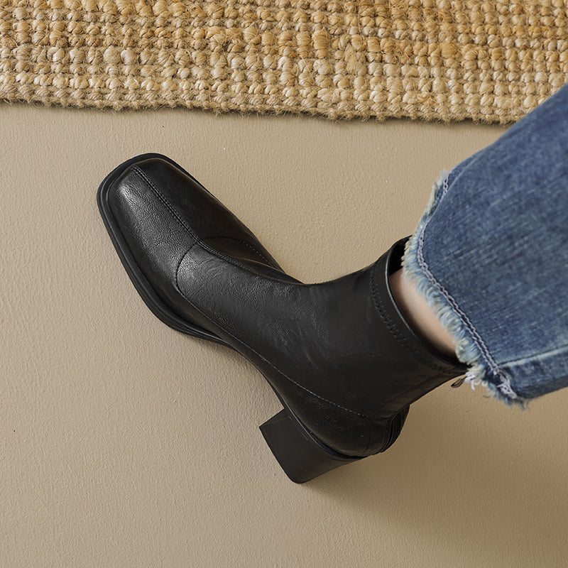 Women's Stretch Leather Sock Ankle Boots Square Toe Block High Heel Sock Booties Zipper