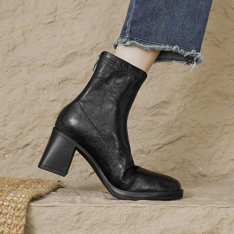 Women's Stretch Leather Sock Ankle Boots Square Toe Block High Heel Sock Booties Zipper
