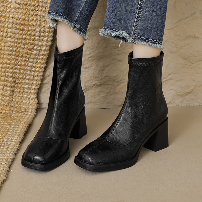Women's Stretch Leather Sock Ankle Boots Square Toe Block High Heel Sock Booties Zipper