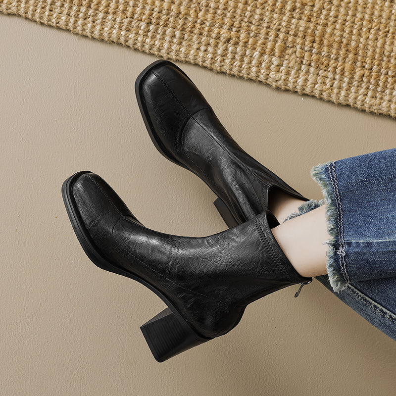 Women's Stretch Leather Sock Ankle Boots Square Toe Block High Heel Sock Booties Zipper