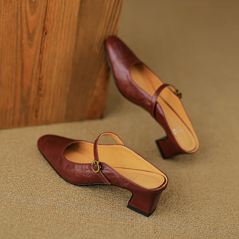Handmade Sheepskin Mary Jane Mules - Women's Leather Block Heel Closed Toe Slides