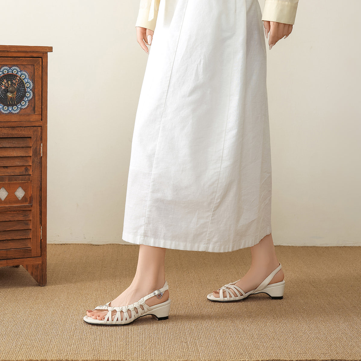 Women's Woven Genuine Leather Slingback Sandals Mid Block Heel Dress Shoes