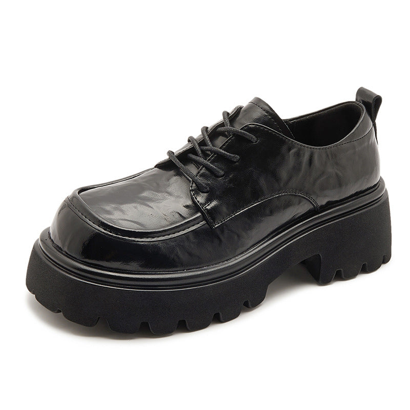 Women's Ruched Leather Oxford Shoes – Casual Chunky Platform Lace-Up