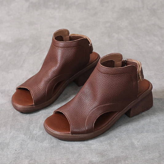 Women's Leather Block Heel Hollow Out Open Toe Sandals