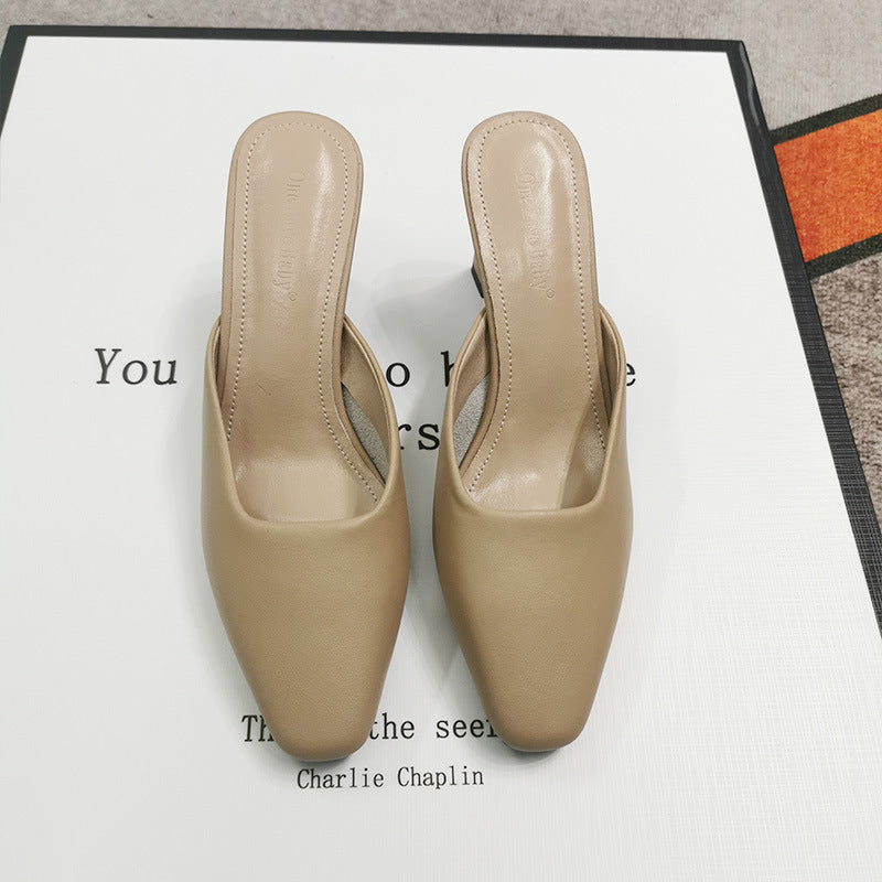 Women's Leather Square Toe High Heeled Mule Shoes