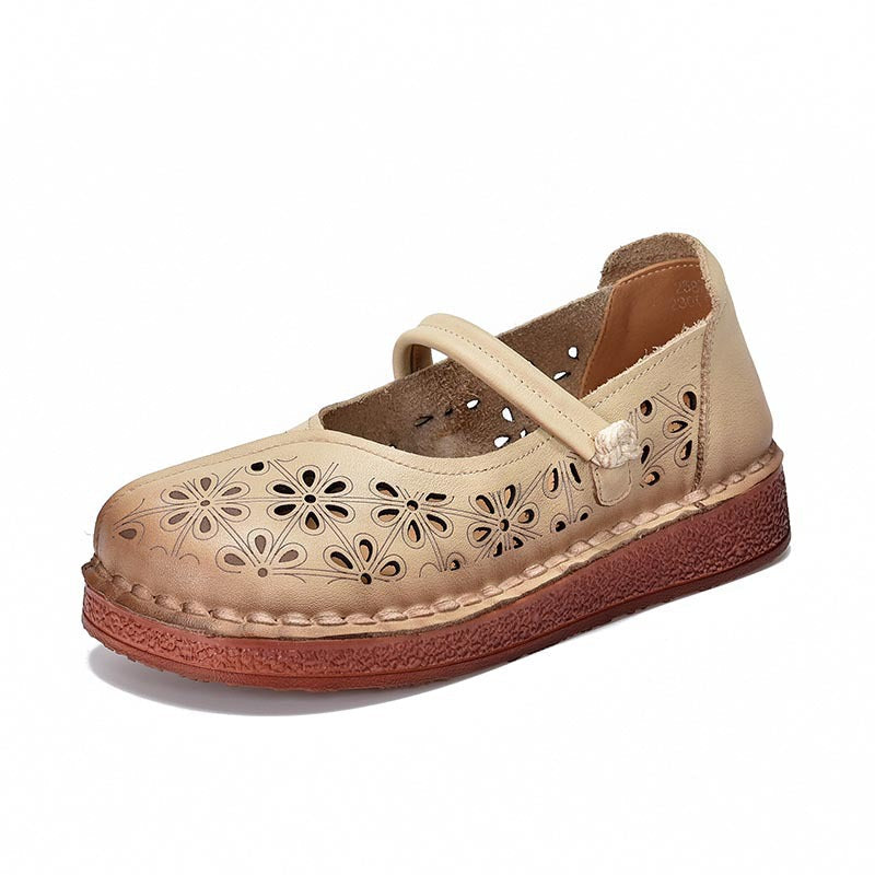 Women's Leather Floral Cutout Sandals – Breathable Summer Style