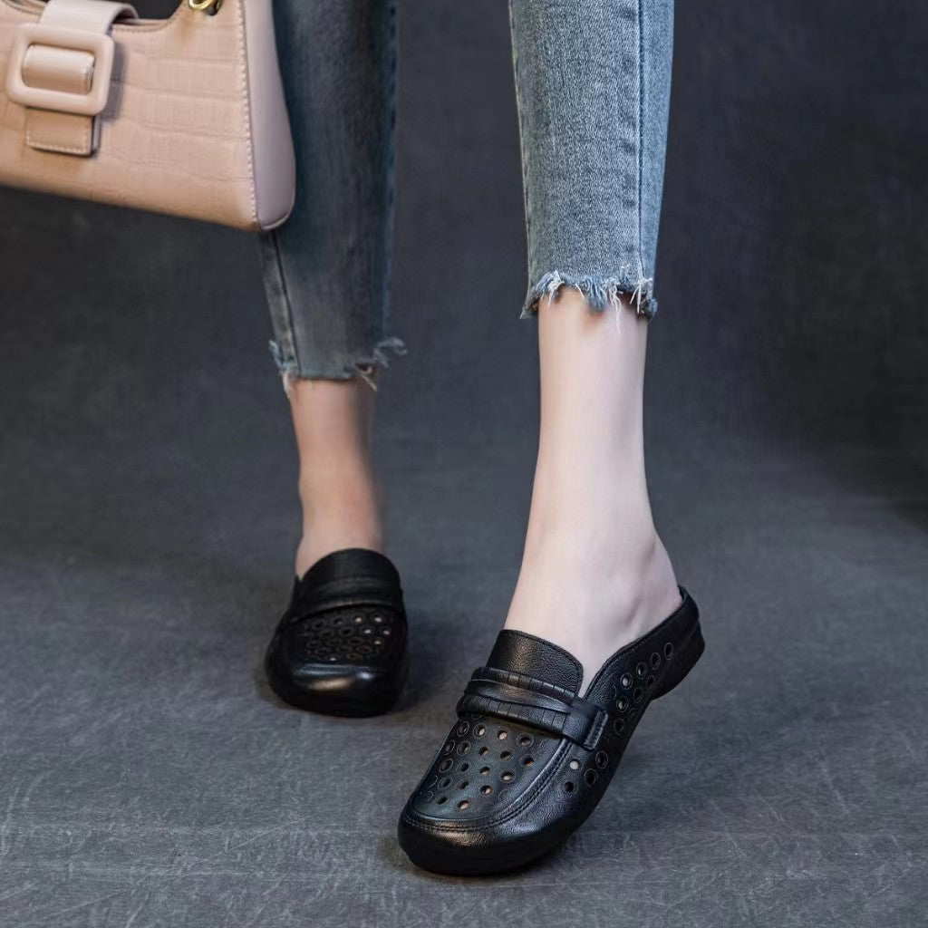 Women's Leather Summer Hollow Out Flat Mule Shoes