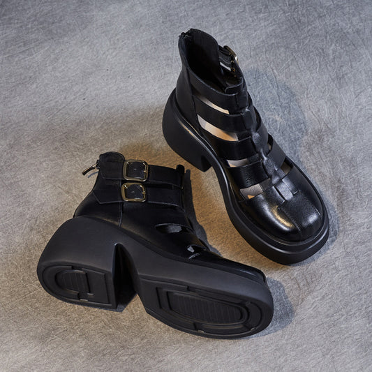 Avant-Garde Burnished Leather Summer Lightweight Sandals for Women - Chunky Platform Cut-out Boots