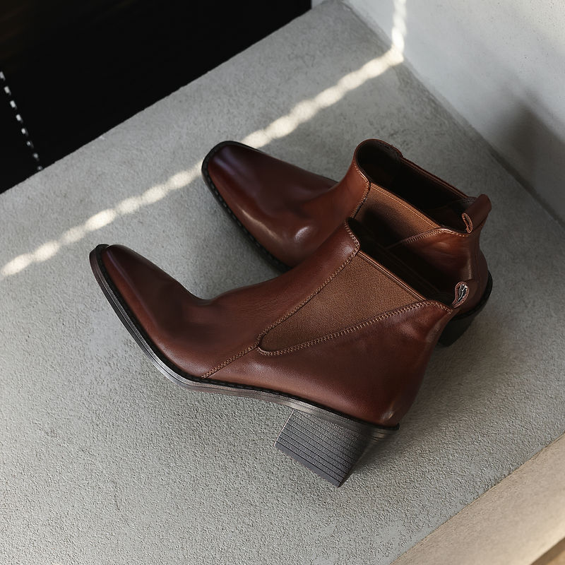 Women's Retro Cowhide Chelsea Boots Vintage Square Toe Slip-on Block High Heel Booties