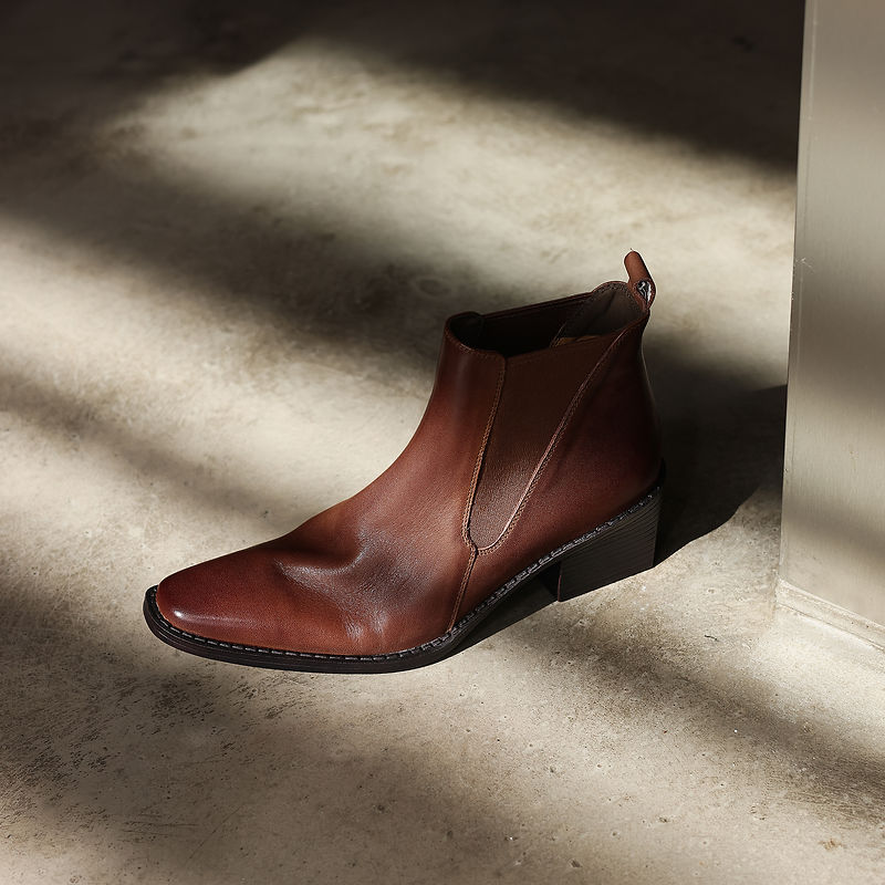 Women's Retro Cowhide Chelsea Boots Vintage Square Toe Slip-on Block High Heel Booties