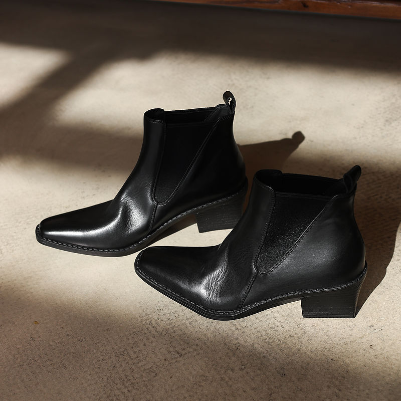 Women's Retro Cowhide Chelsea Boots Vintage Square Toe Slip-on Block High Heel Booties