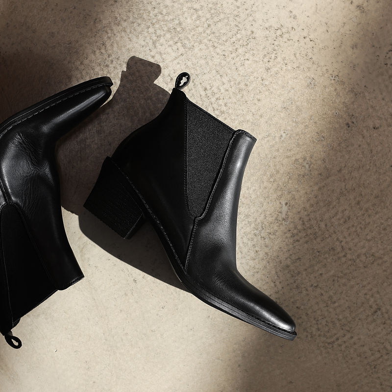 Women's Retro Cowhide Chelsea Boots Vintage Square Toe Slip-on Block High Heel Booties
