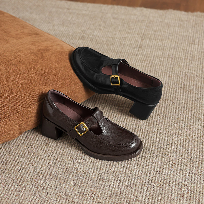 Elegant T-Strap Leather Heels - Soft Sheepskin High-Heel Mary Janes - Professional Shoes