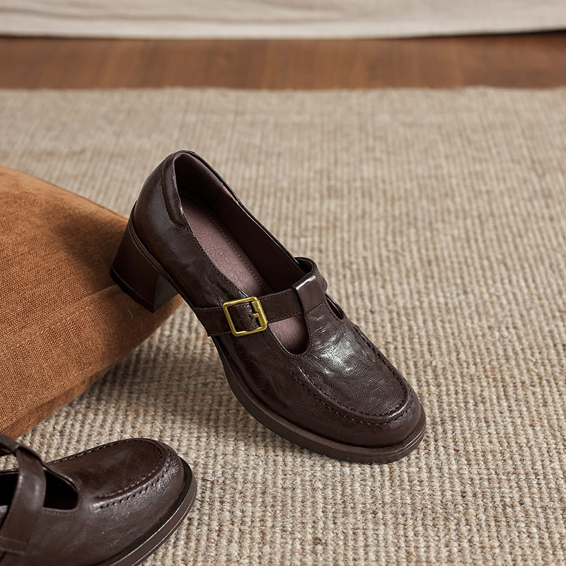 Elegant T-Strap Leather Heels - Soft Sheepskin High-Heel Mary Janes - Professional Shoes