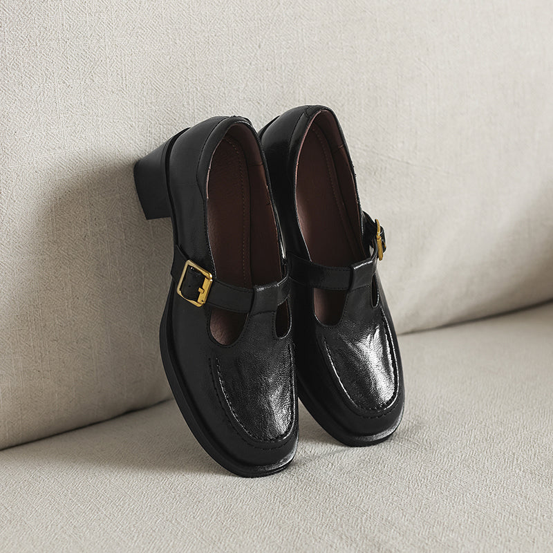 Elegant T-Strap Leather Heels - Soft Sheepskin High-Heel Mary Janes - Professional Shoes
