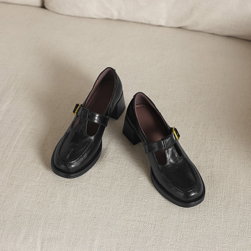 Elegant T-Strap Leather Heels - Soft Sheepskin High-Heel Mary Janes - Professional Shoes