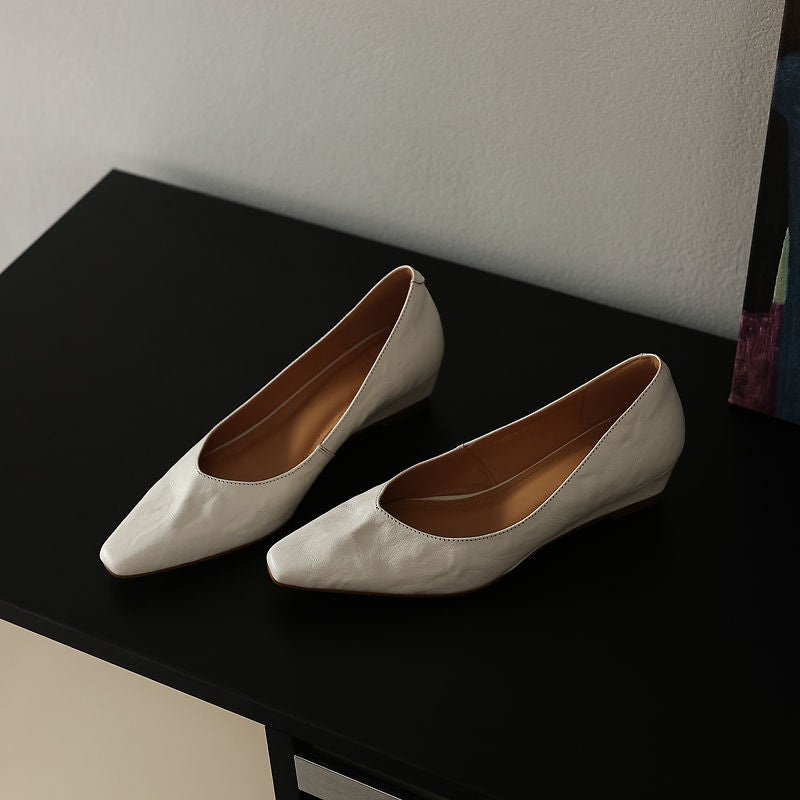 Women's Soft Sheepskin Low Wedge Pumps Square Toe Slip-on Comfort Dress Shoes