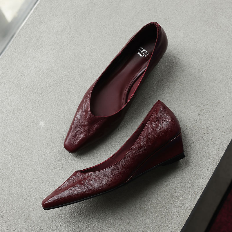 Women's Soft Sheepskin Low Wedge Pumps Square Toe Slip-on Comfort Dress Shoes
