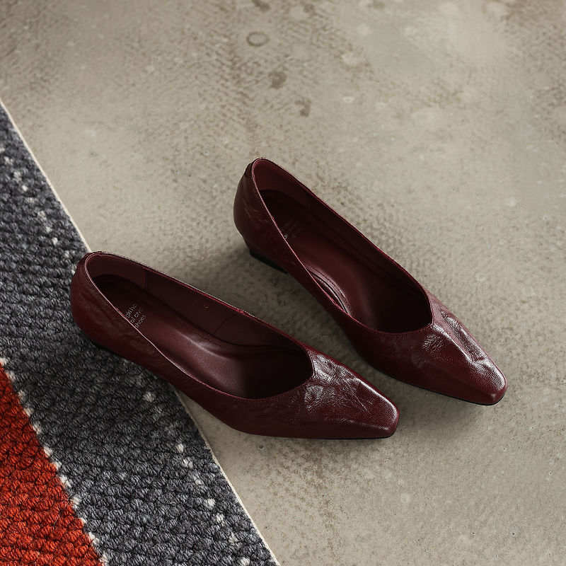 Women's Soft Sheepskin Low Wedge Pumps Square Toe Slip-on Comfort Dress Shoes