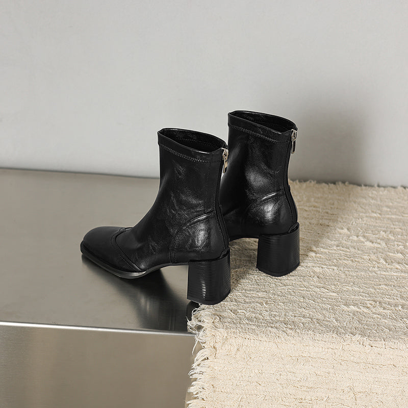 Women’s Square Toe Block Heel Ankle Boots – Stylish Back Zip Design