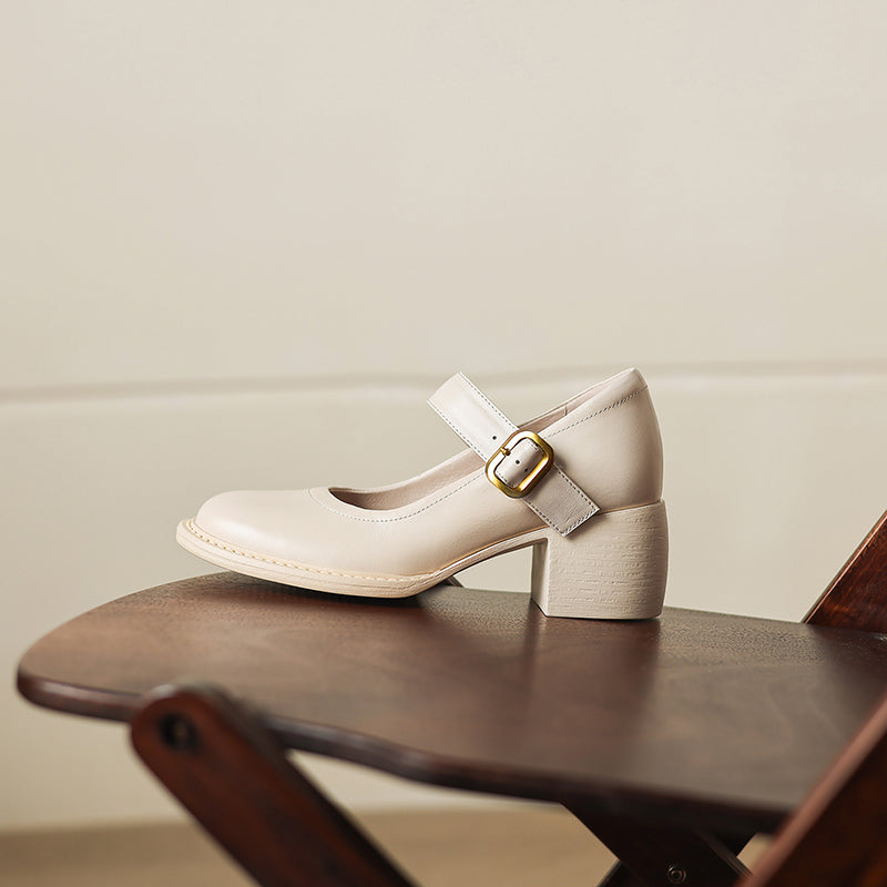 Women's Vintage 1960s Style Strap Pumps - Leather Elegant Round Toe Block Heels