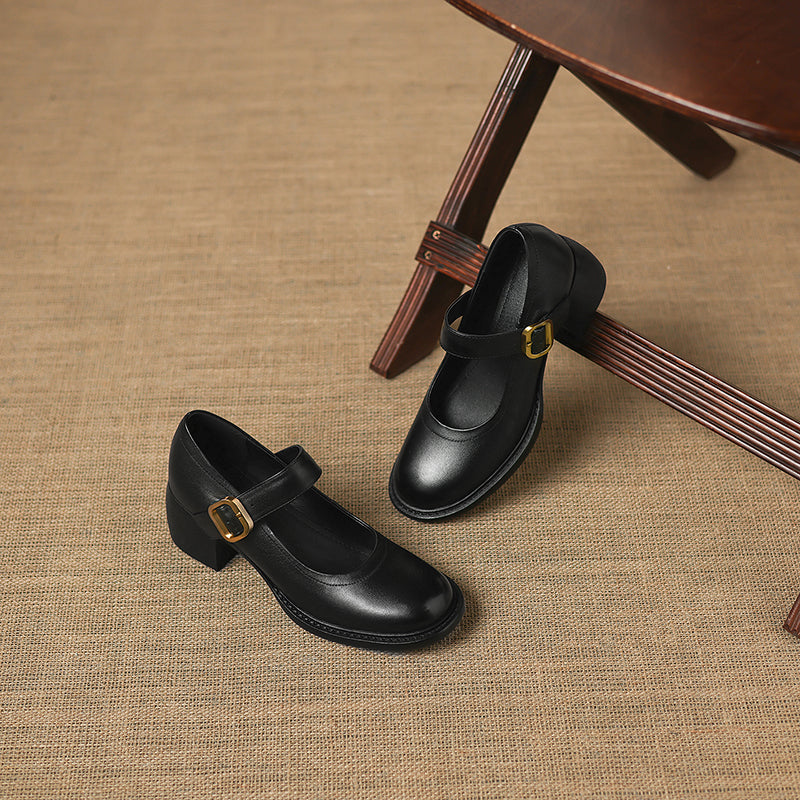 Women's Vintage 1960s Style Strap Pumps - Leather Elegant Round Toe Block Heels
