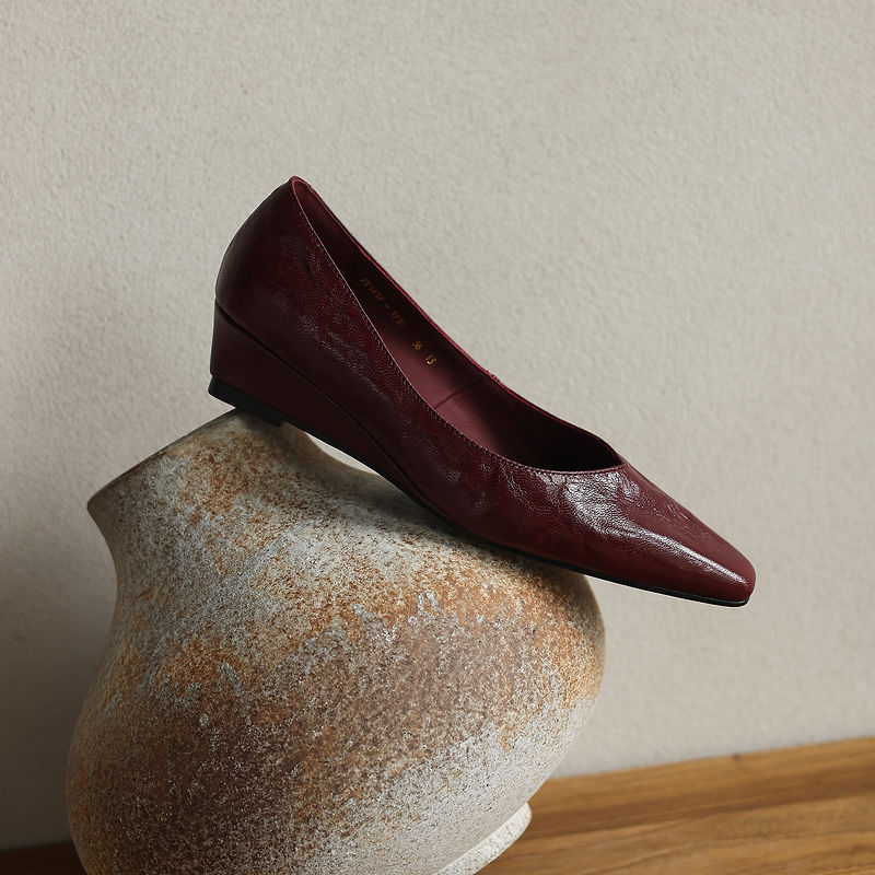 Women's Soft Sheepskin Low Wedge Pumps Square Toe Slip-on Comfort Dress Shoes