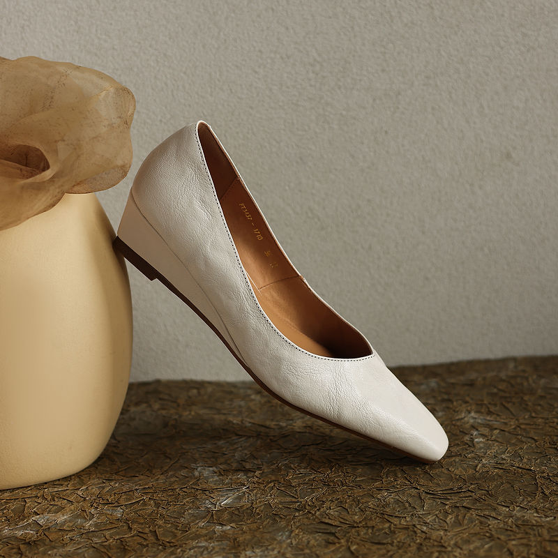 Women's Soft Sheepskin Low Wedge Pumps Square Toe Slip-on Comfort Dress Shoes