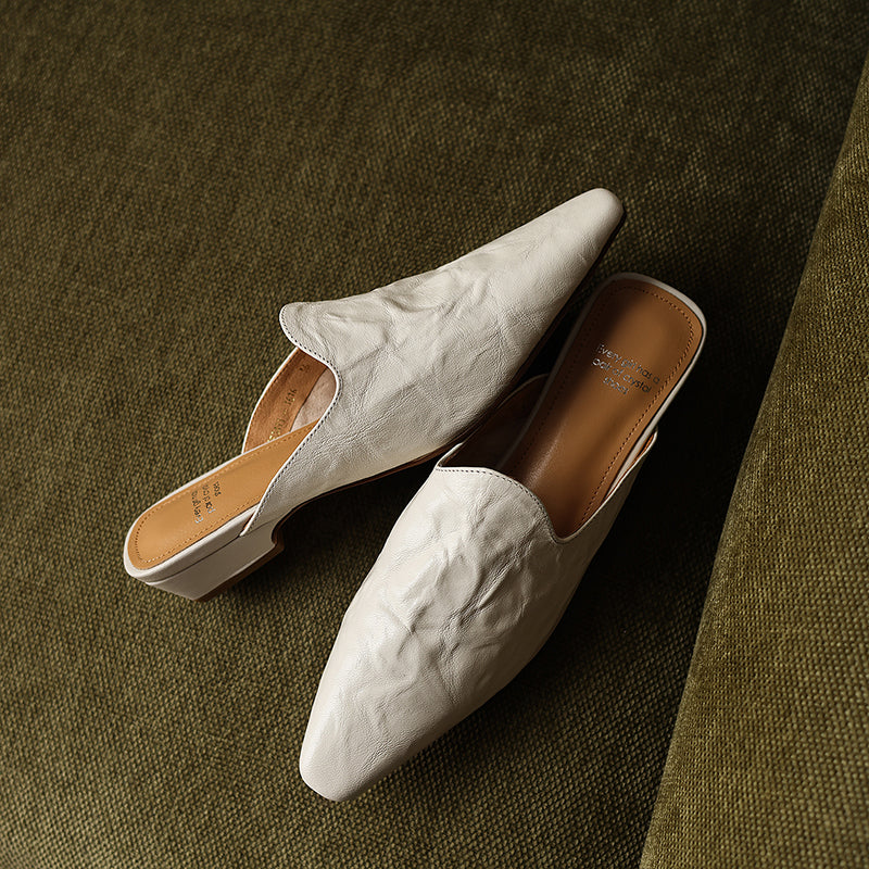 Women's Pointed Toe Ruched Leather Mules Vintage Low Kitten Heel Slip-on Slides