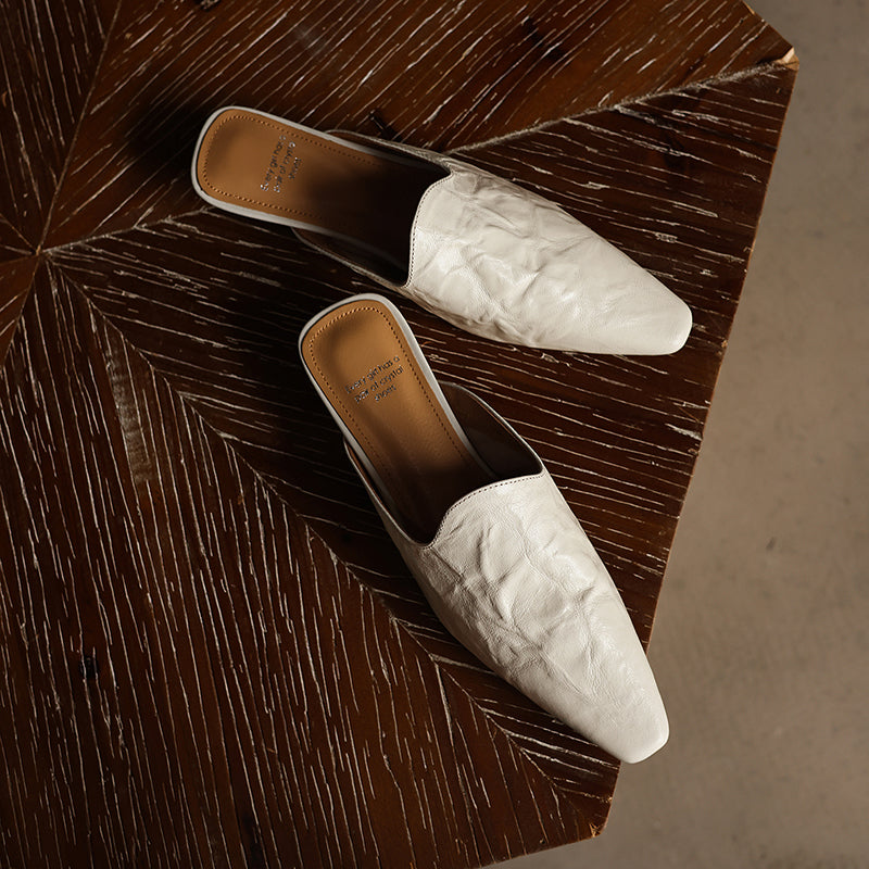 Women's Pointed Toe Ruched Leather Mules Vintage Low Kitten Heel Slip-on Slides
