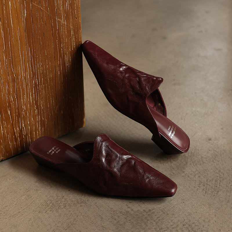 Women's Pointed Toe Ruched Leather Mules Vintage Low Kitten Heel Slip-on Slides