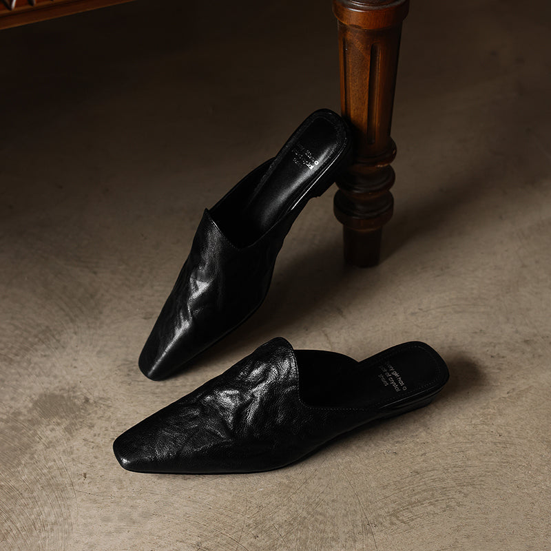 Women's Pointed Toe Ruched Leather Mules Vintage Low Kitten Heel Slip-on Slides