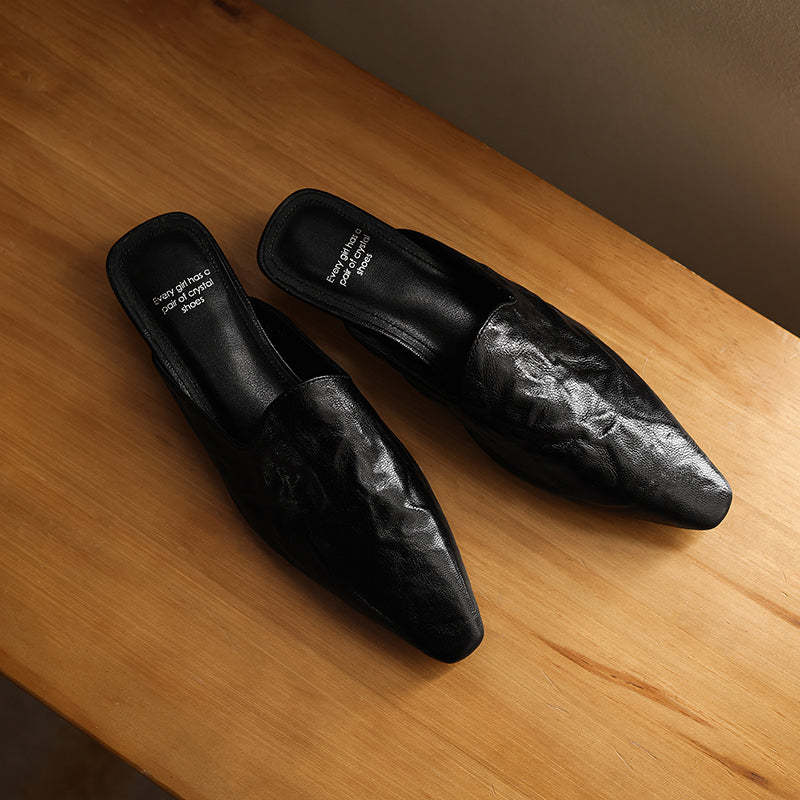 Women's Pointed Toe Ruched Leather Mules Vintage Low Kitten Heel Slip-on Slides
