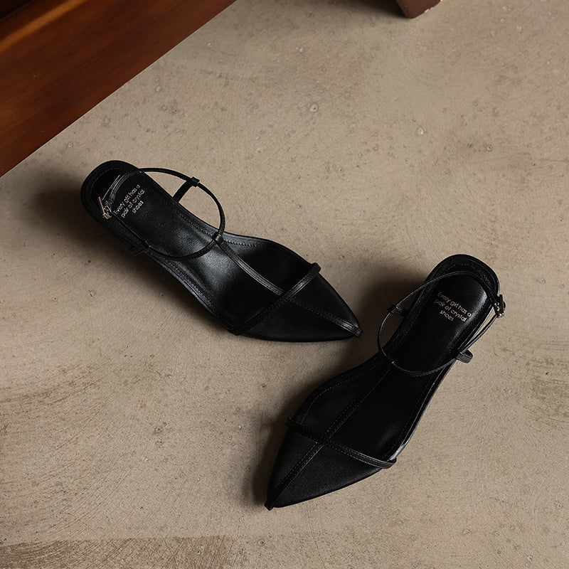 Women's Pointed Toe Strappy Sandals Vintage Kitten Heel T-Strap Buckle Shoes